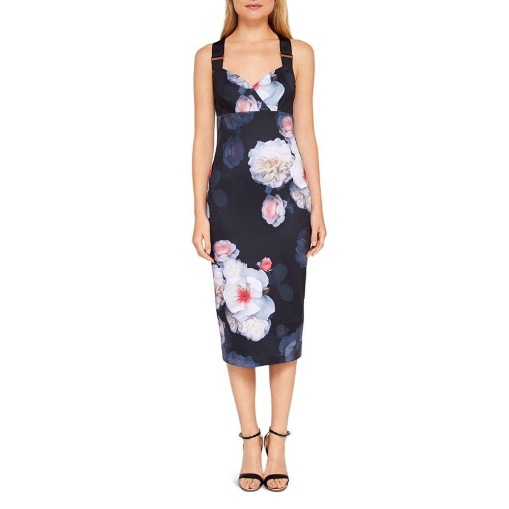Black Floral Ted Baker London Bodycon Midi Dress with Adjustable Straps